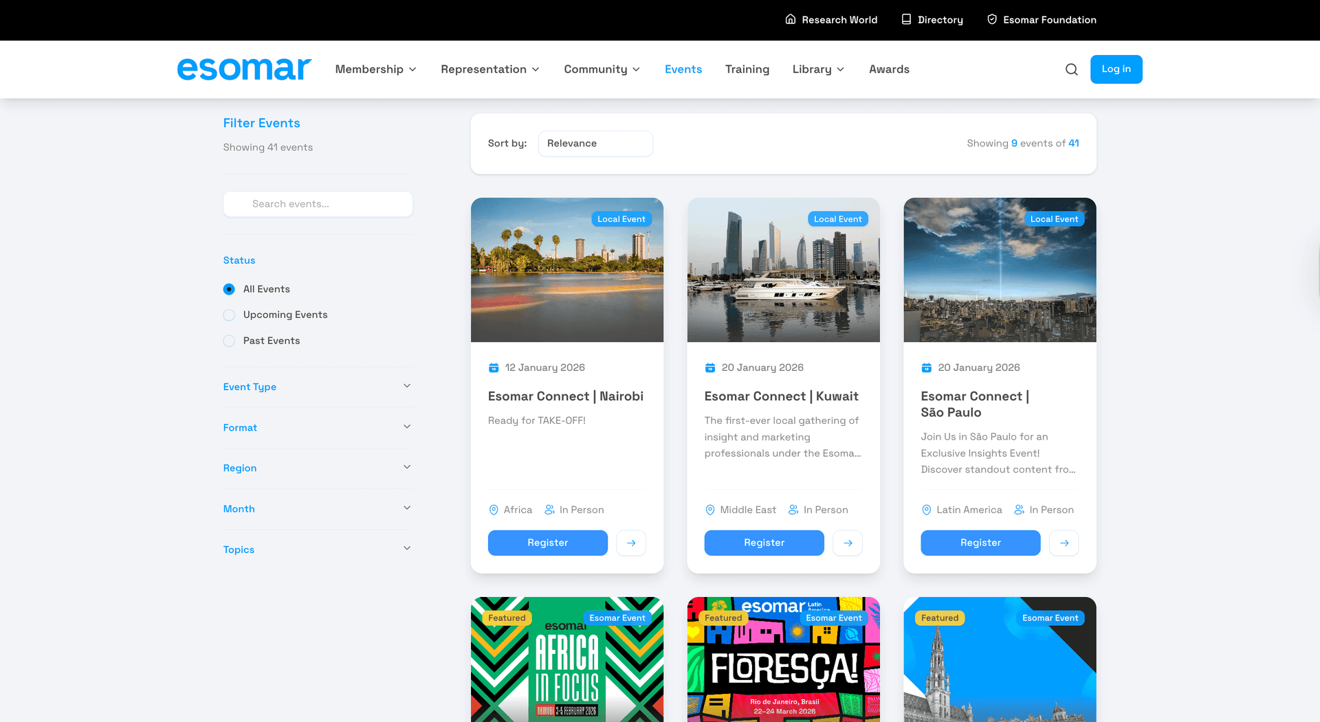 ESOMAR event listing with filters